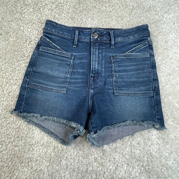 Good American High Waist Frayed Denim Shorts Dark Wash Stretch Womens 6/28 - Picture 2 of 10